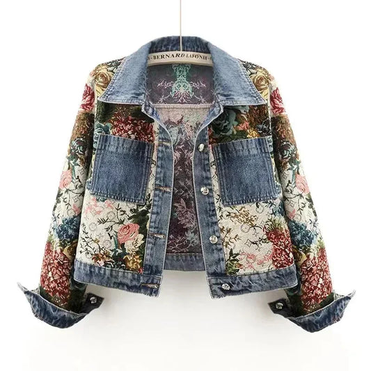 XLMJDZGS Floral Print Blue Jeans Denim Jacket