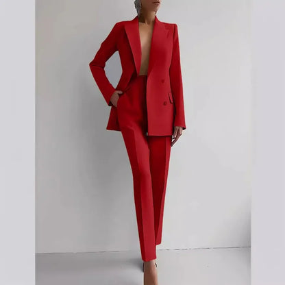 Mandylandy 2pcs Solid Color Fashion Suit Long Sleeve Blazer Jacket & High Waist Long Pants Set