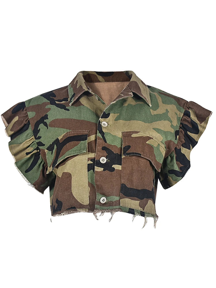 DEAT Camouflage Turn-down Collar Butterfly Sleeve Single Breasted Jacket