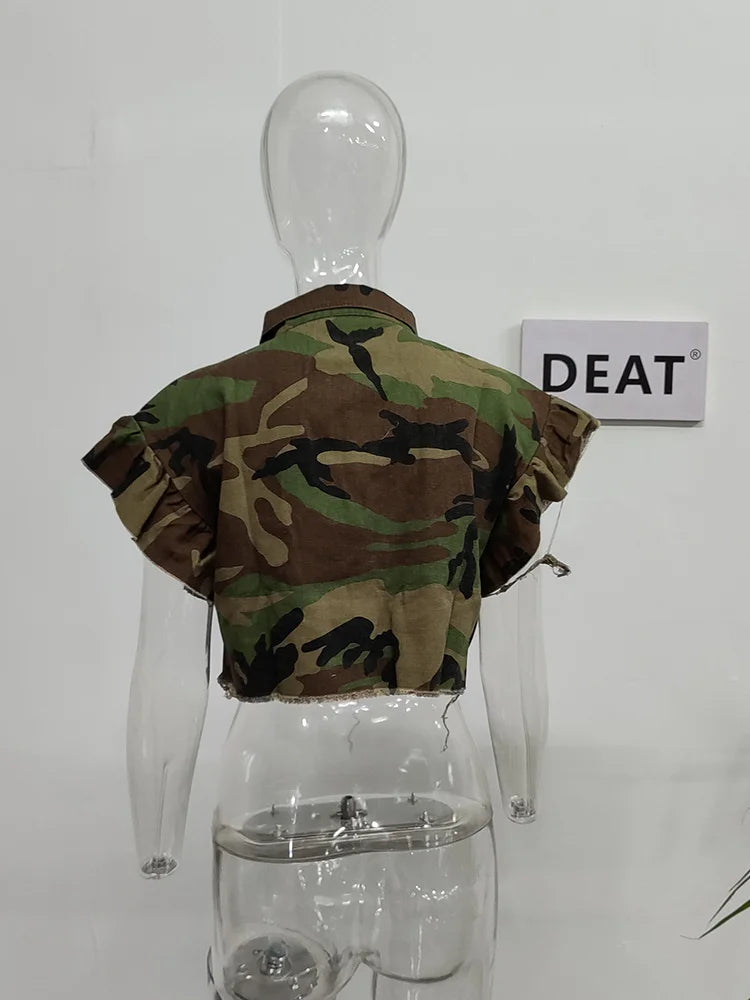 DEAT Camouflage Turn-down Collar Butterfly Sleeve Single Breasted Jacket