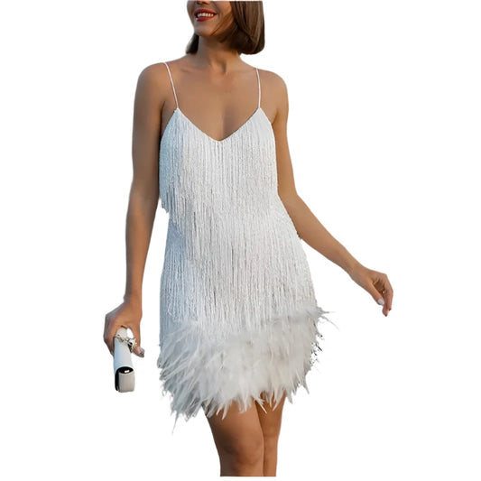 Baomyzhuo Vintage V-Neck Tassel Sequins Feather Mini Dress