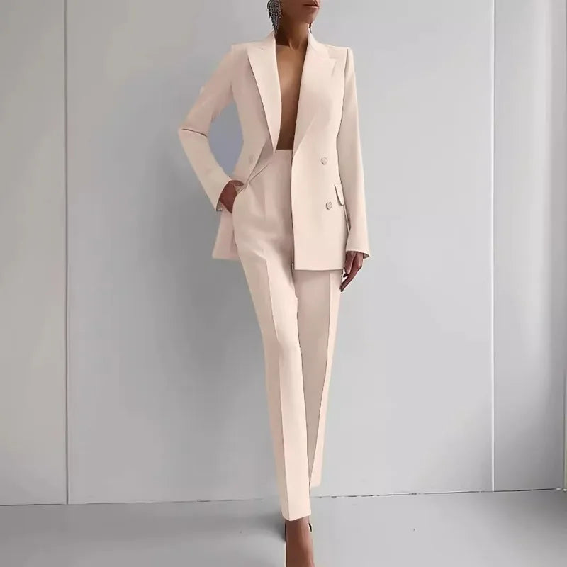 Mandylandy 2pcs Solid Color Fashion Suit Long Sleeve Blazer Jacket & High Waist Long Pants Set