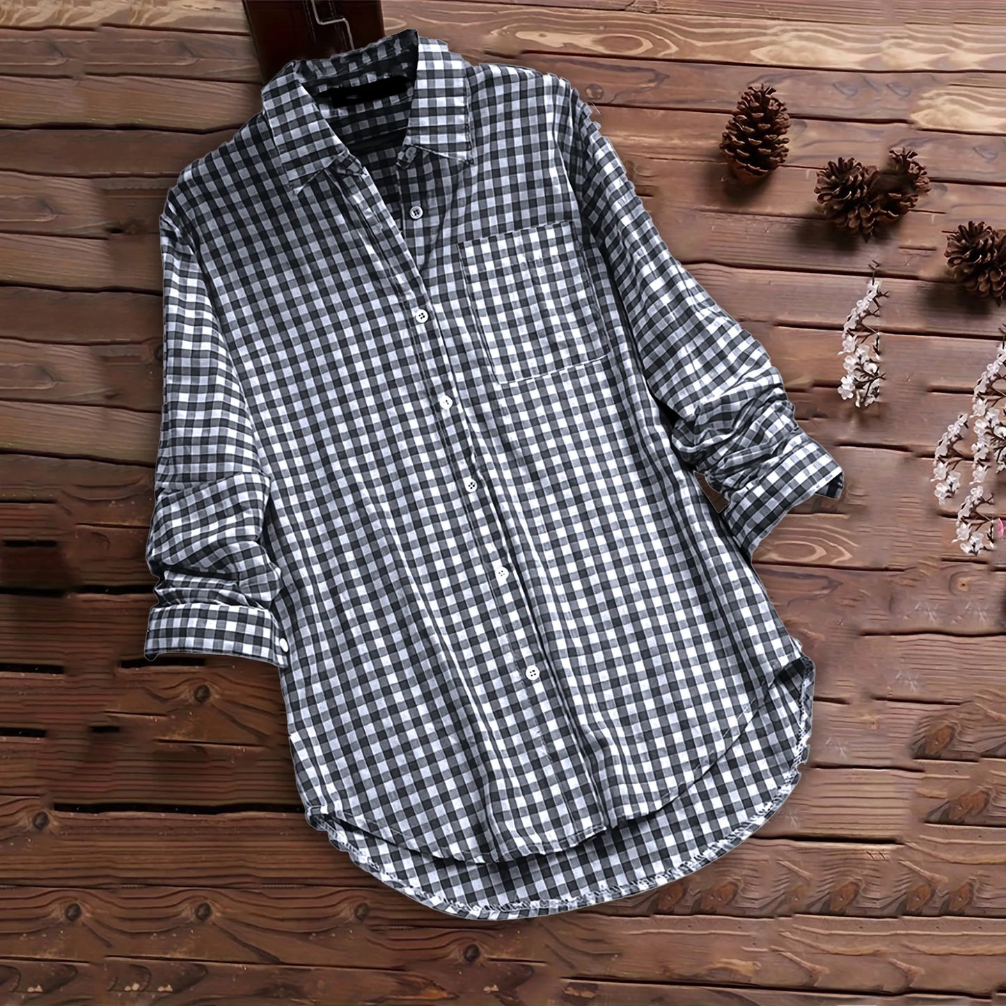 SANWOOD Plaid Cotton Blend Long Sleeves Roll Up Shirts