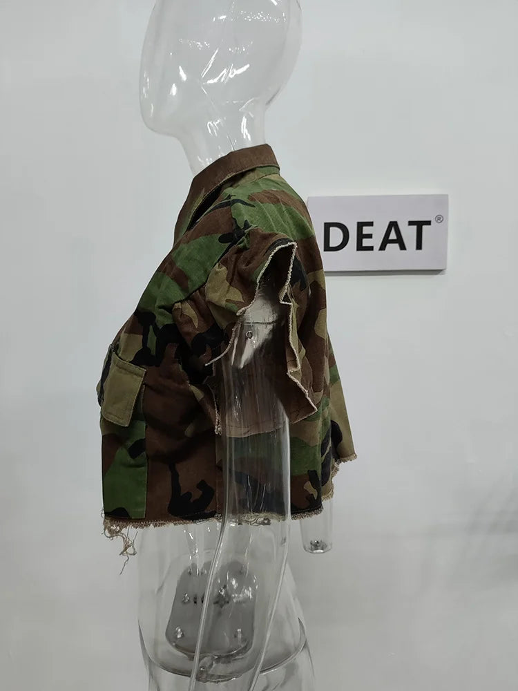 DEAT Camouflage Turn-down Collar Butterfly Sleeve Single Breasted Jacket