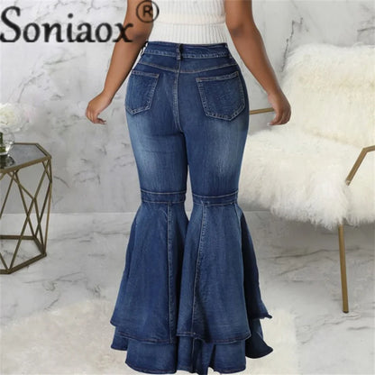 Vintage High Waist Fashion Splicing Layers Flared Denim Blue Jeans