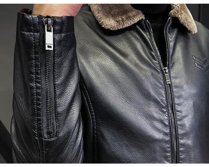 High Quality Men's Faux Leather Motorcycle Jacket Thickened Fur Collar and Inside Liner