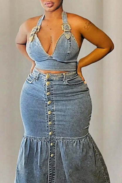 Denim Two Piece V-Neck Sexy Mermaid Skirt and Halter Cropped Top Matching Set Casual Vintage Fashion Outfits