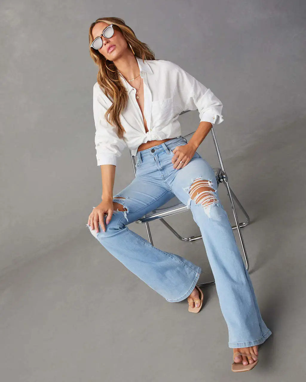 Casual Long Flare High Waist Denim Blue Jeans for Women