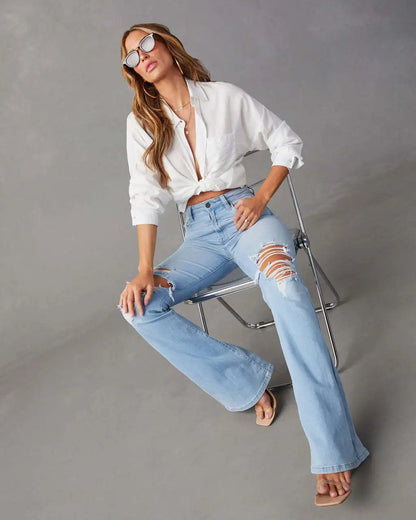 Casual Long Flare High Waist Denim Blue Jeans for Women