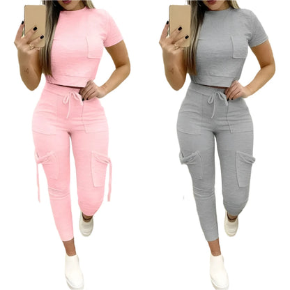 Sporty Cropped Tee & Slim Fit Cargo Joggers Two Piece Set