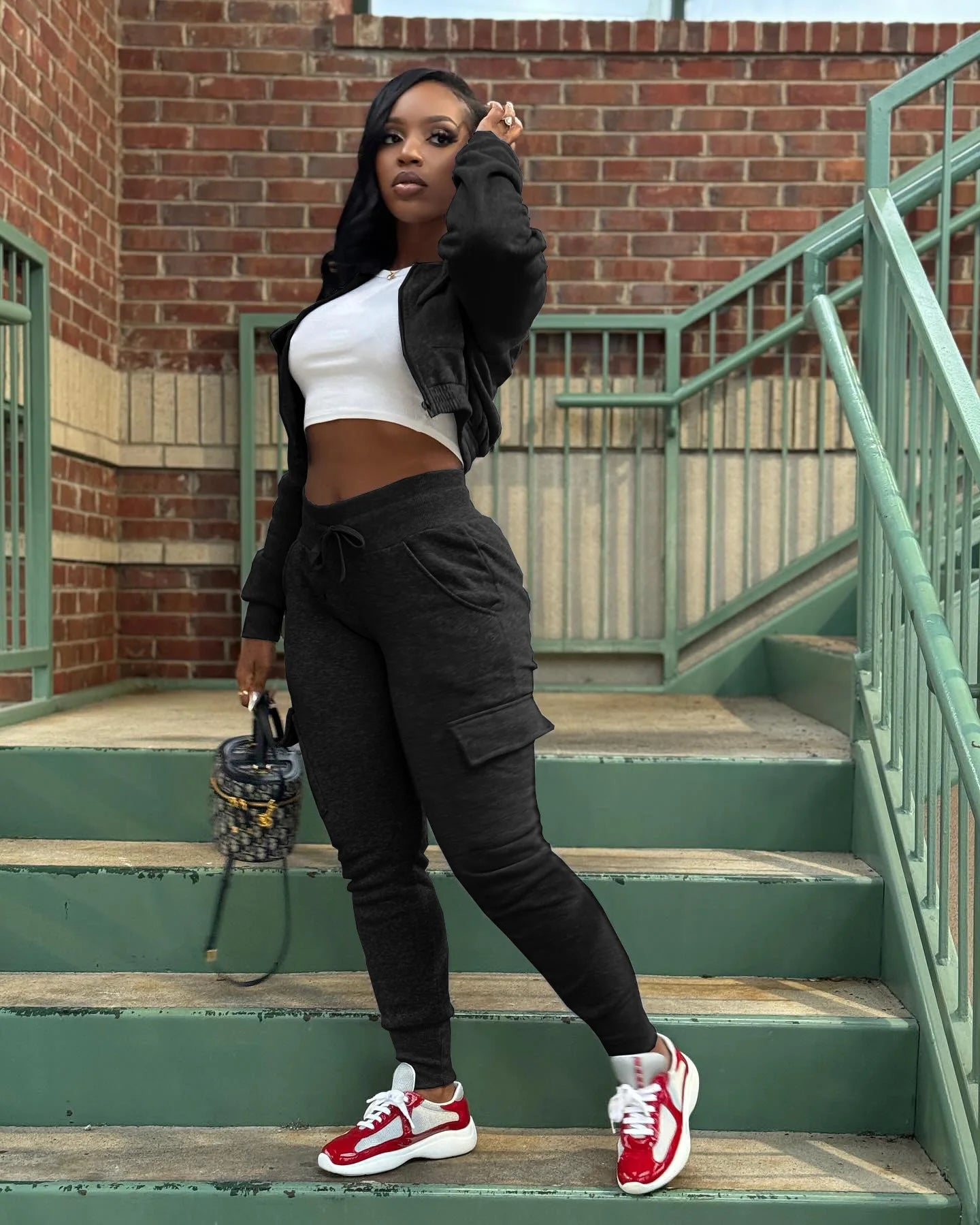 Sporty Two-Piece Cropped Jacket & High Waist Pocketed Jogger Pants