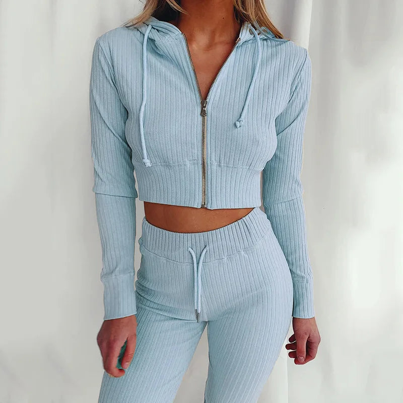 Trendy Knit Ribbed  Long Sleeve Zip Up Slim Fit Hooded Crop Tops + High Waist Long Pants