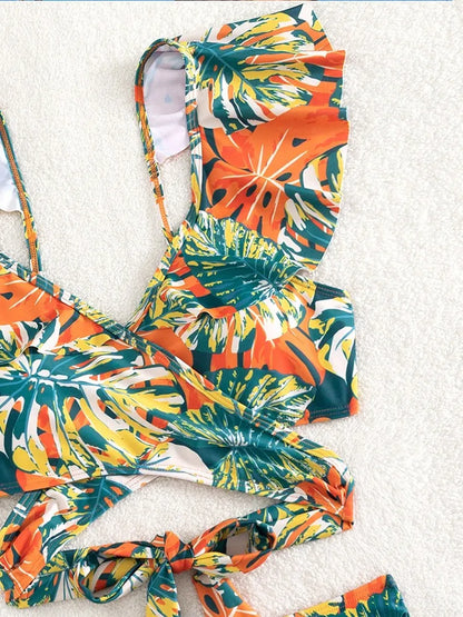 FRECKANGE Tropical Print Push Up Bikini Top &  High Waist Bikini Swimwear Set