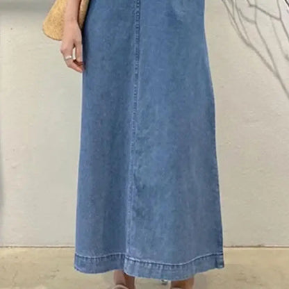 SANWOOD Casual Loose Long Maxi Sundress Pleated Denim Sleeveless