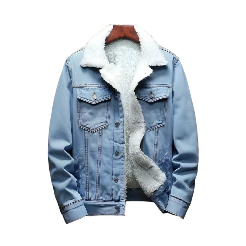 Men's Winter Casual Fleece Lining Thickened Sheep Denim Blue Jean Jacket