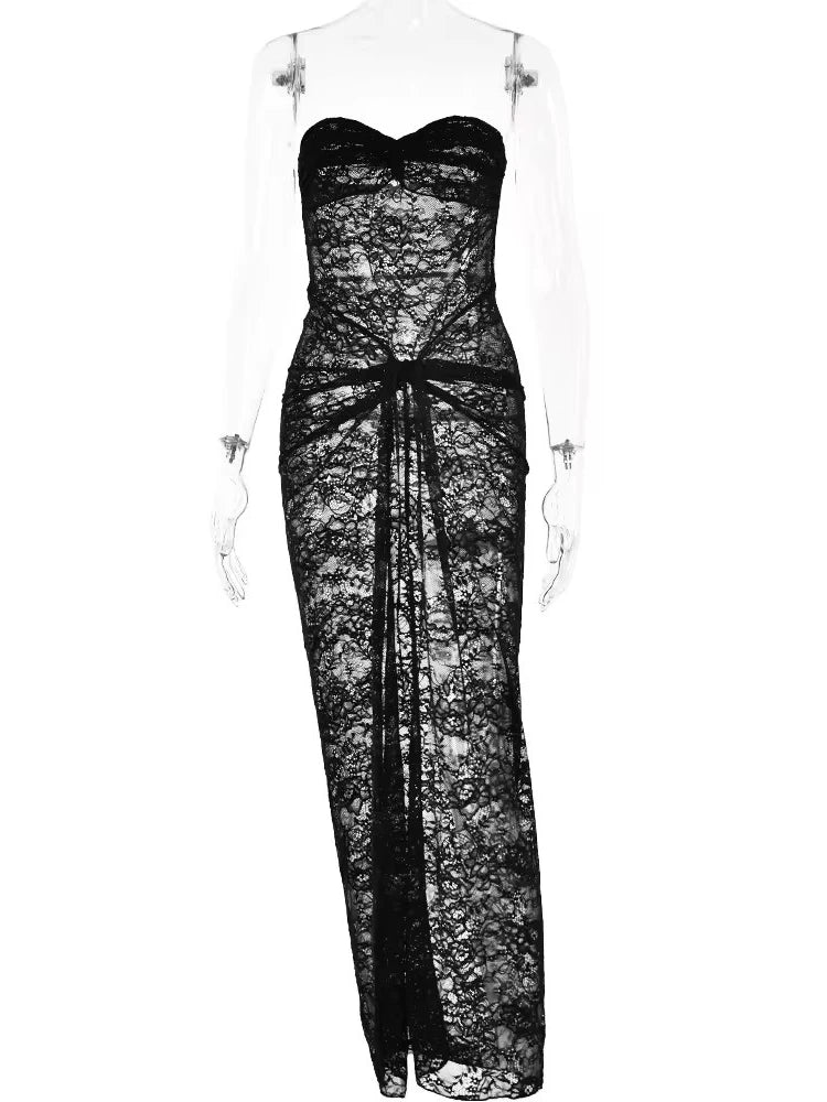 JULISSA MO Sexy Strapless Backless Lace Women Maxi Dress Black See Through Ruched Dress r