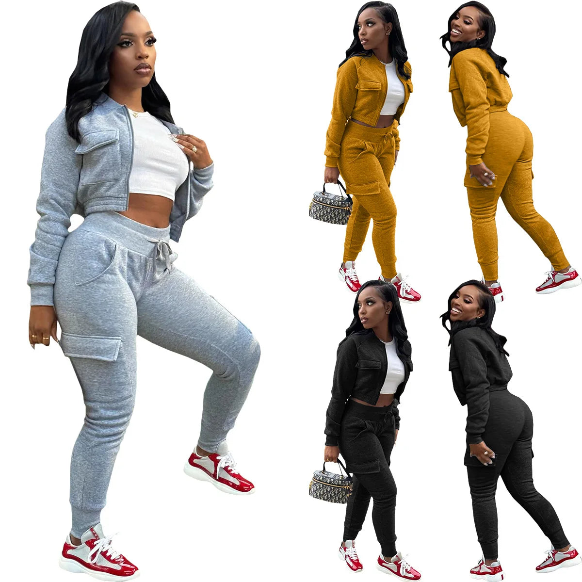 Sporty Two-Piece Cropped Jacket & High Waist Pocketed Jogger Pants