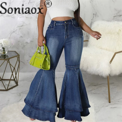 Vintage High Waist Fashion Splicing Layers Flared Denim Blue Jeans