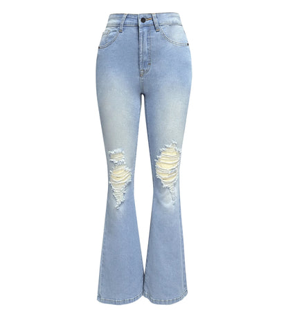 Casual Long Flare High Waist Denim Blue Jeans for Women