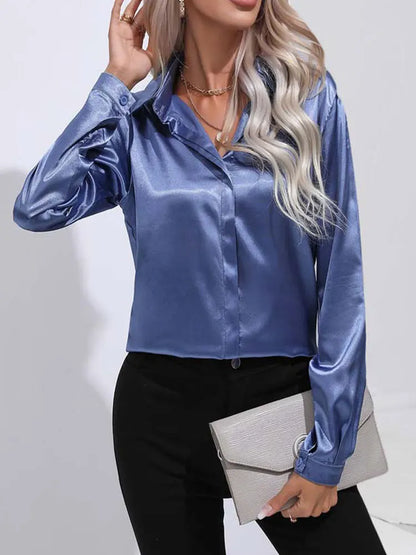 Satin V Neck Long Sleeve Shirt