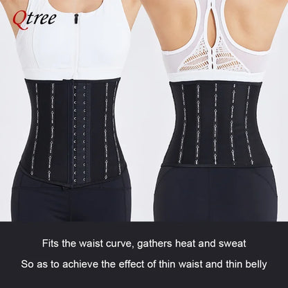 Qtree Sweat Fat Burner Waist Trainer Tummy Body Shaper Girdle Women Postpartum Slimming Hook Abdominal Sauna Corset