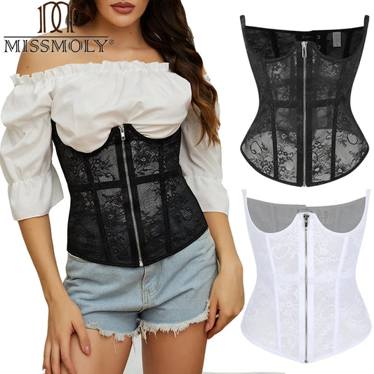 MISSMOLY Women's Corset Brocade Underbust Boned Zipper Punk Corsets Bustier Lace Up Breathable Waist Trainer Shaper