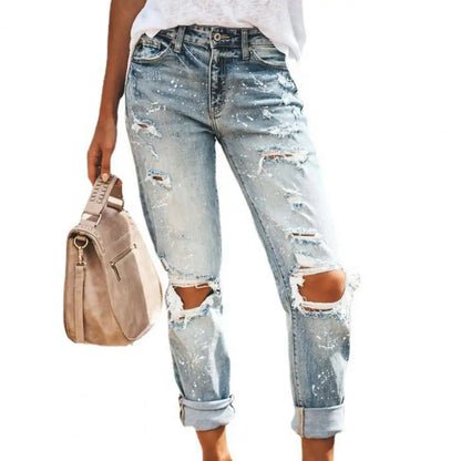 SANWOOD Fashion Slim Ripped Pencil Denim Blue Jeans Mid Waist