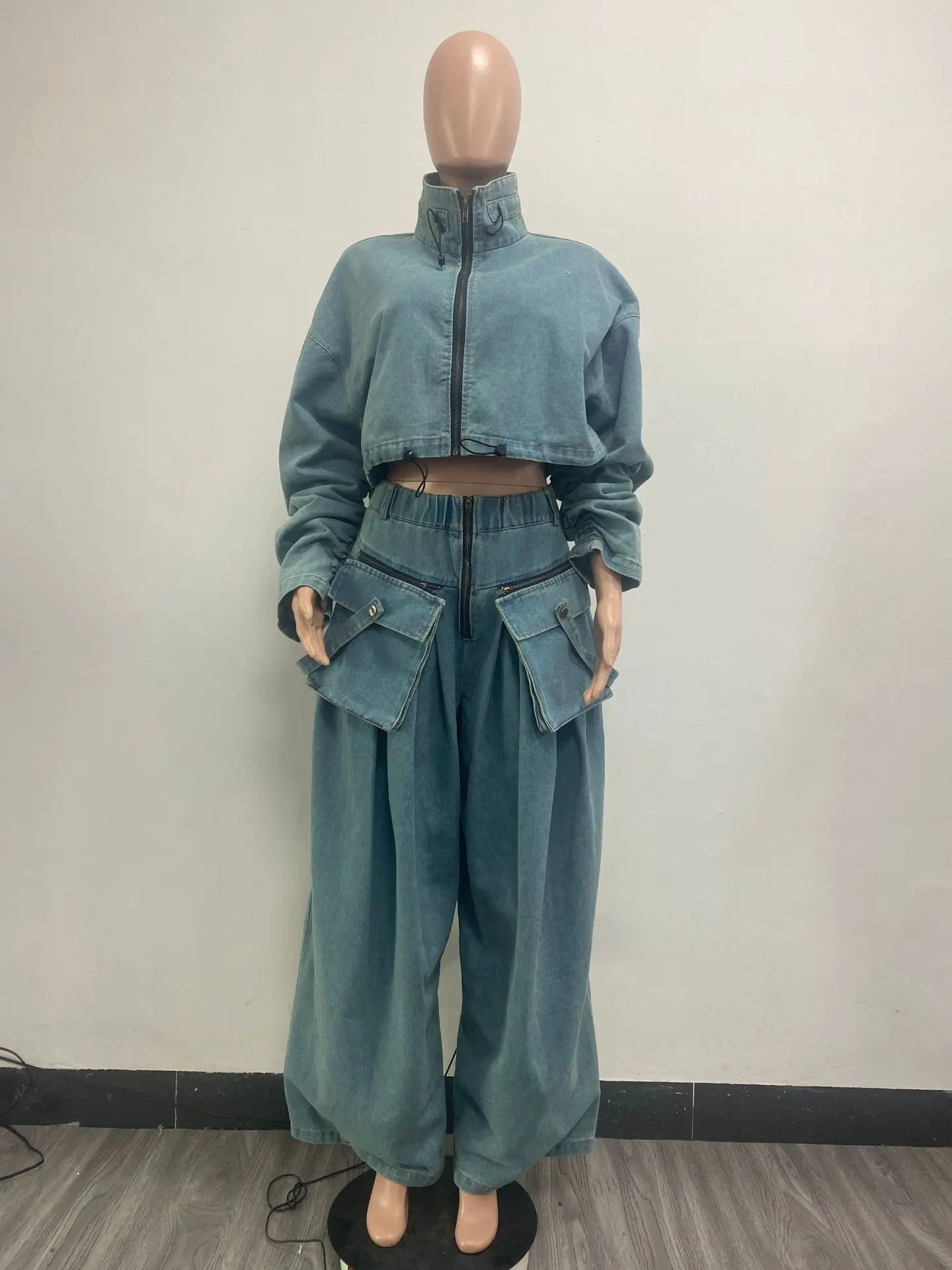 High Fashion Retro Trend Setter Two Piece Denim Blue Jean Set for Women Wide Leg Loose Fit