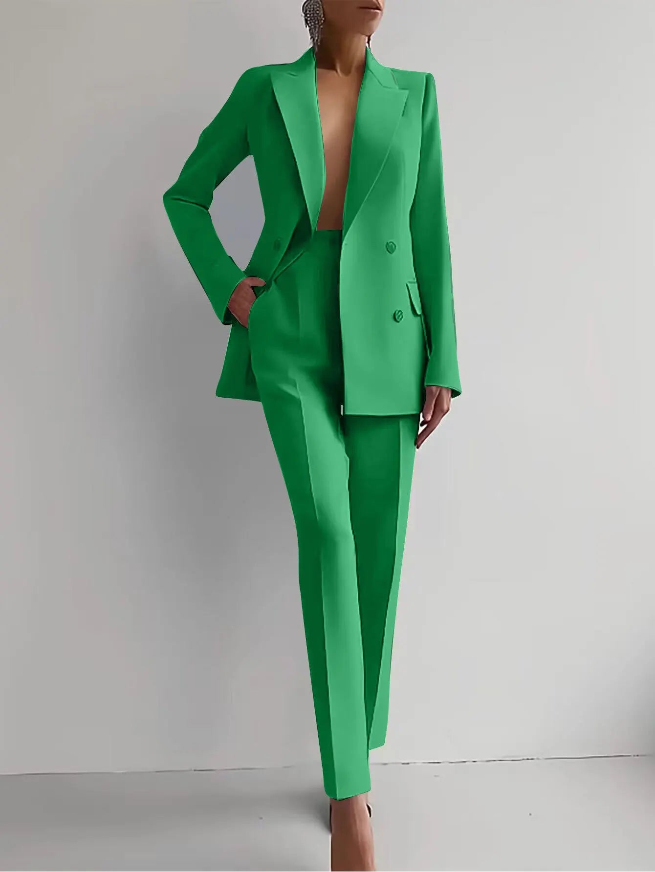 Mandylandy 2pcs Solid Color Fashion Suit Long Sleeve Blazer Jacket & High Waist Long Pants Set