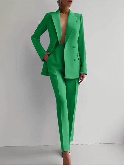 Mandylandy 2pcs Solid Color Fashion Suit Long Sleeve Blazer Jacket & High Waist Long Pants Set