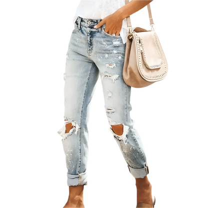 SANWOOD Fashion Slim Ripped Pencil Denim Blue Jeans Mid Waist