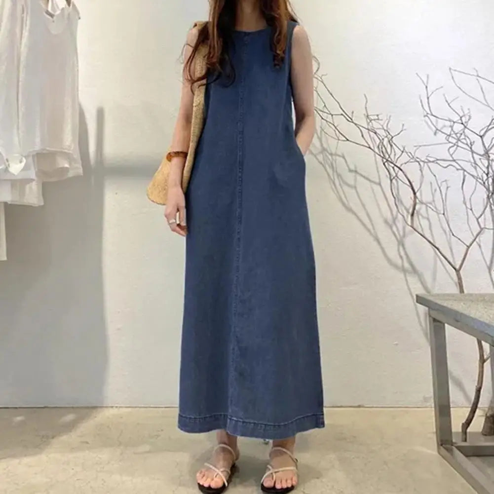 SANWOOD Casual Loose Long Maxi Sundress Pleated Denim Sleeveless