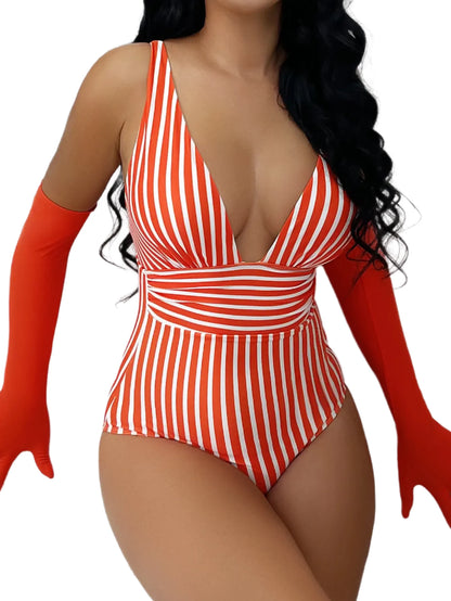 Striped One Piece Vintage Swimsuit Swimwear Women V-neck Bathing Swimming Suit Female Summer Beachwear Bodysuit