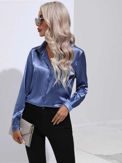 Satin V Neck Long Sleeve Shirt