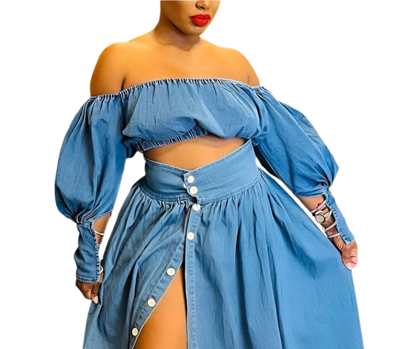 Casual Off The Shoulder Split Button Two Pieces Demin Skirt Set Lantern Sleeve Vintage Crop Top Matching Set