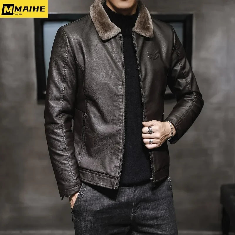 High Quality Men's Faux Leather Motorcycle Jacket Thickened Fur Collar and Inside Liner