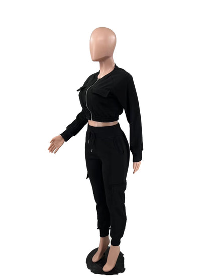 Sporty Two-Piece Cropped Jacket & High Waist Pocketed Jogger Pants