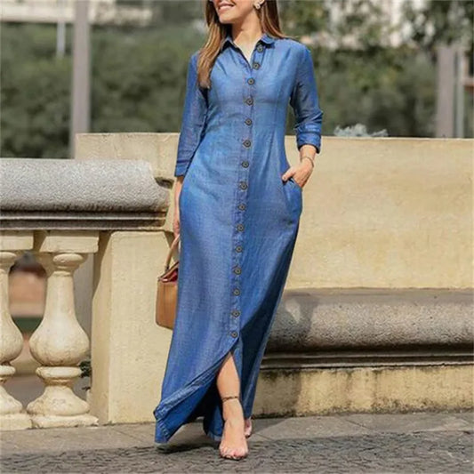 Classic Long Sleeve Button Up Blue Jean Denim Dress for Women