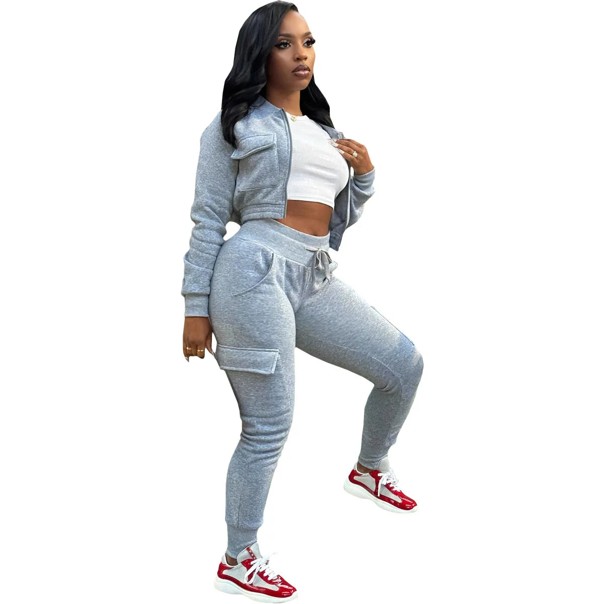 Sporty Two-Piece Cropped Jacket & High Waist Pocketed Jogger Pants