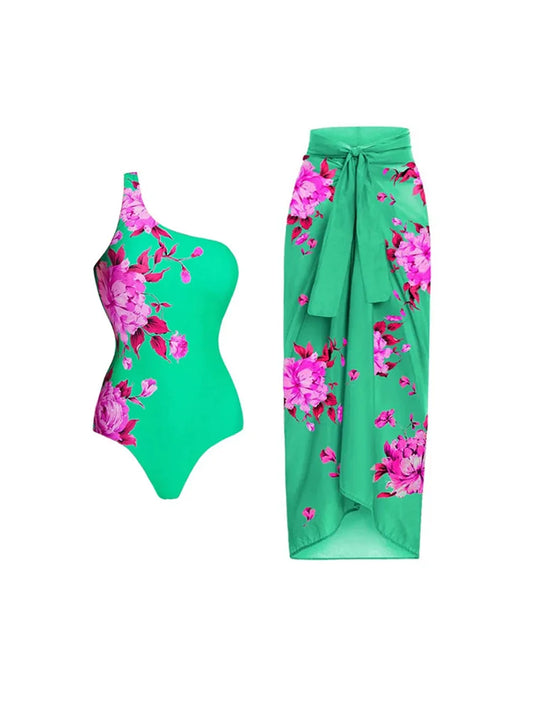 Brazilian Fashion Print One Piece Swimsuit & Matching Coverup Skirt Beach Swimwear Set