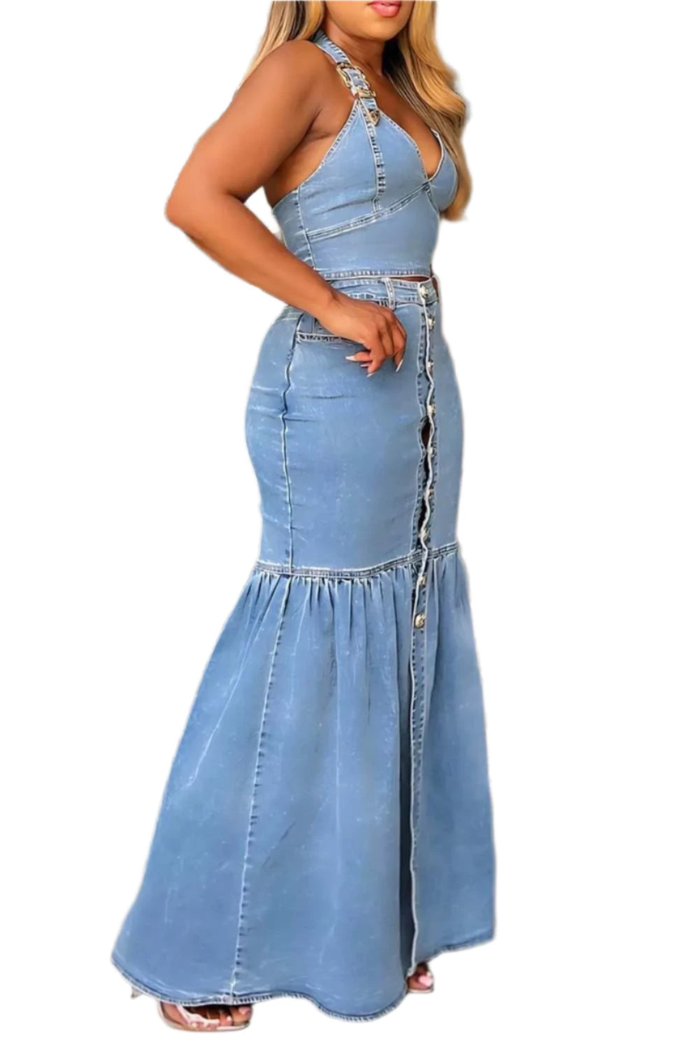 Denim Two Piece V-Neck Sexy Mermaid Skirt and Halter Cropped Top Matching Set Casual Vintage Fashion Outfits