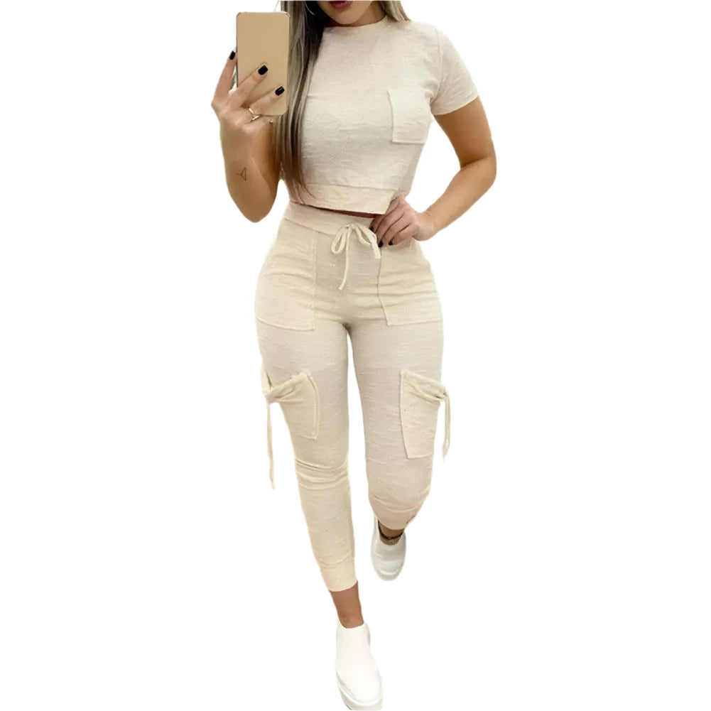 Sporty Cropped Tee & Slim Fit Cargo Joggers Two Piece Set