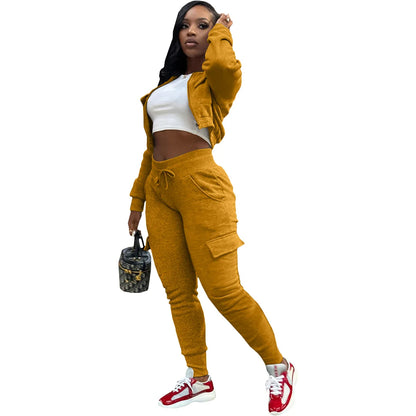 Sporty Two-Piece Cropped Jacket & High Waist Pocketed Jogger Pants