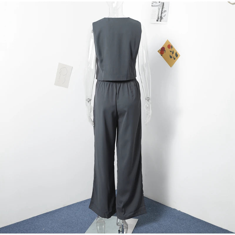 Women's Casual Chic Sleeveless V-neck Buttoned Vest & High Waist Pants 2 Piece Set