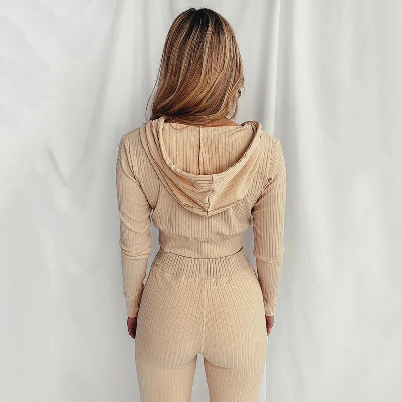 Trendy Knit Ribbed  Long Sleeve Zip Up Slim Fit Hooded Crop Tops + High Waist Long Pants