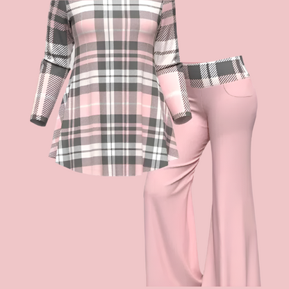 Fashion Plaid Matching Set Flare Pant and Round Neck T Shirt Two Piece Sets