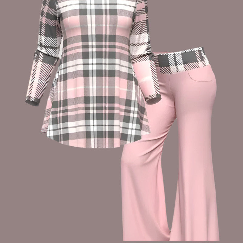 Fashion Plaid Matching Set Flare Pant and Round Neck T Shirt Two Piece Sets