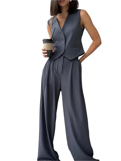 Women's Casual Chic Sleeveless V-neck Buttoned Vest & High Waist Pants 2 Piece Set