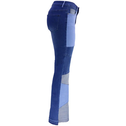 Paneled Collision Fashionable High Waist Flared Denim Blue Jeans