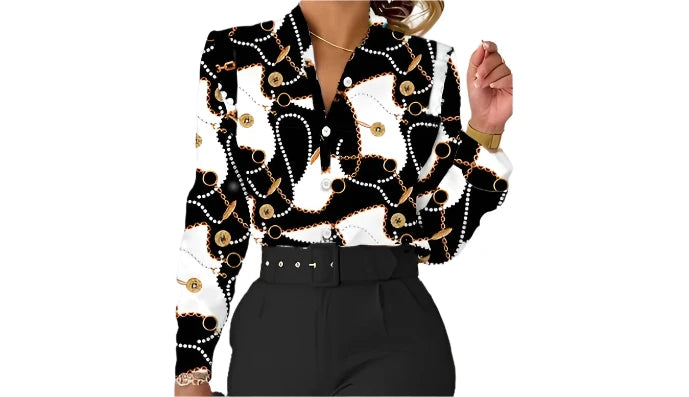 Elegant Womens Printed Two Piece Suit Sets V Neck Long Sleeve Shirt Top & Long Pants Set With Belt